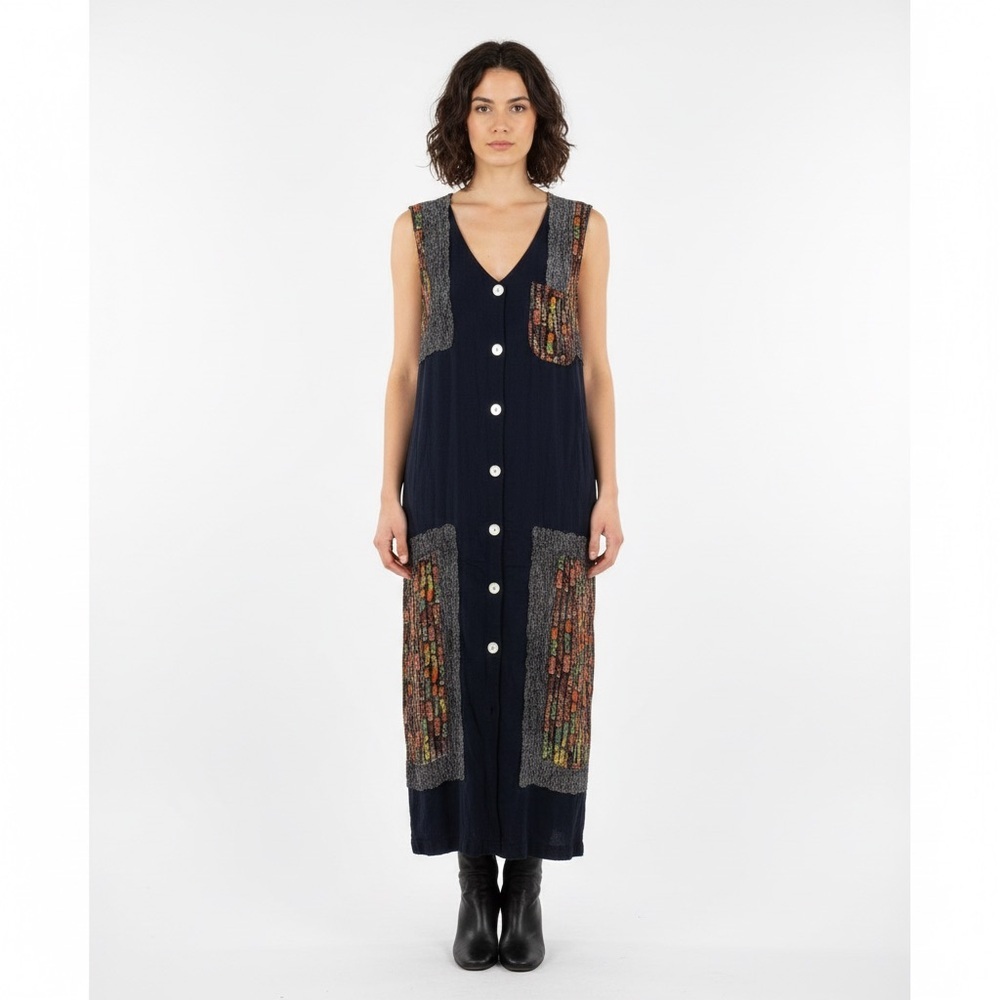 Kaliyana Sz M Textured Navy Colorful Patchwork Lagenlook Button Front Midi Dress